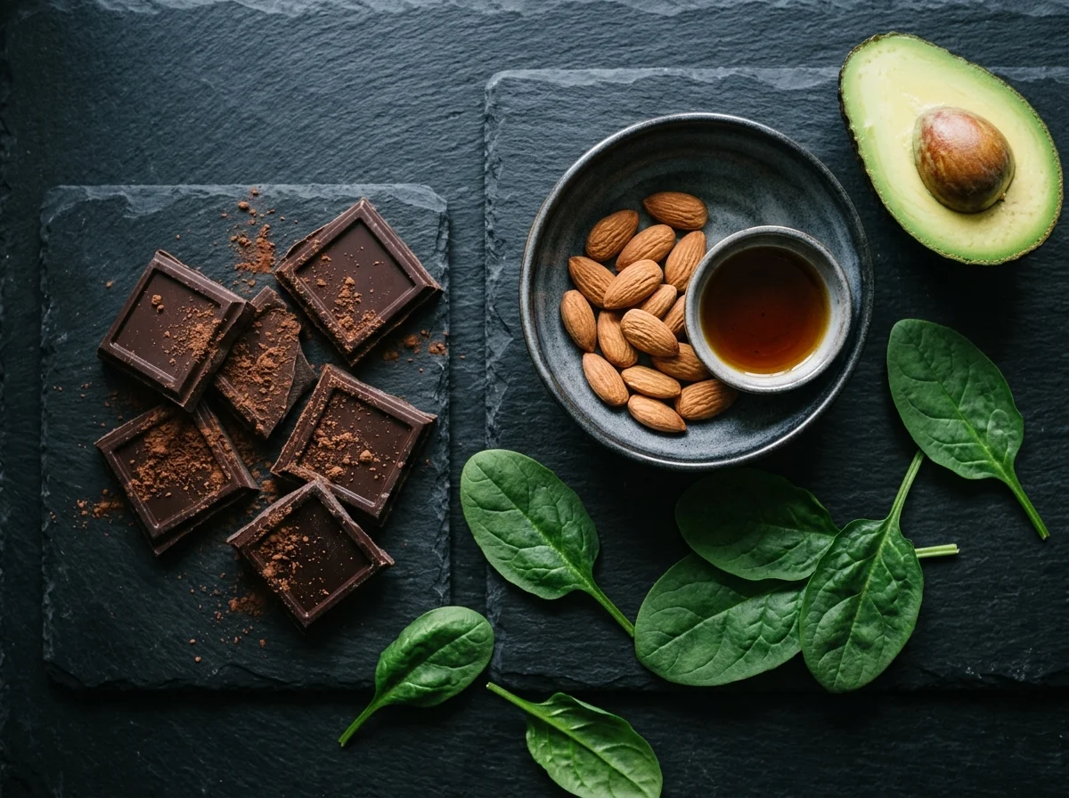 Magnesiumrika livsmedel - mörk choklad, mandel, spenat och avokado