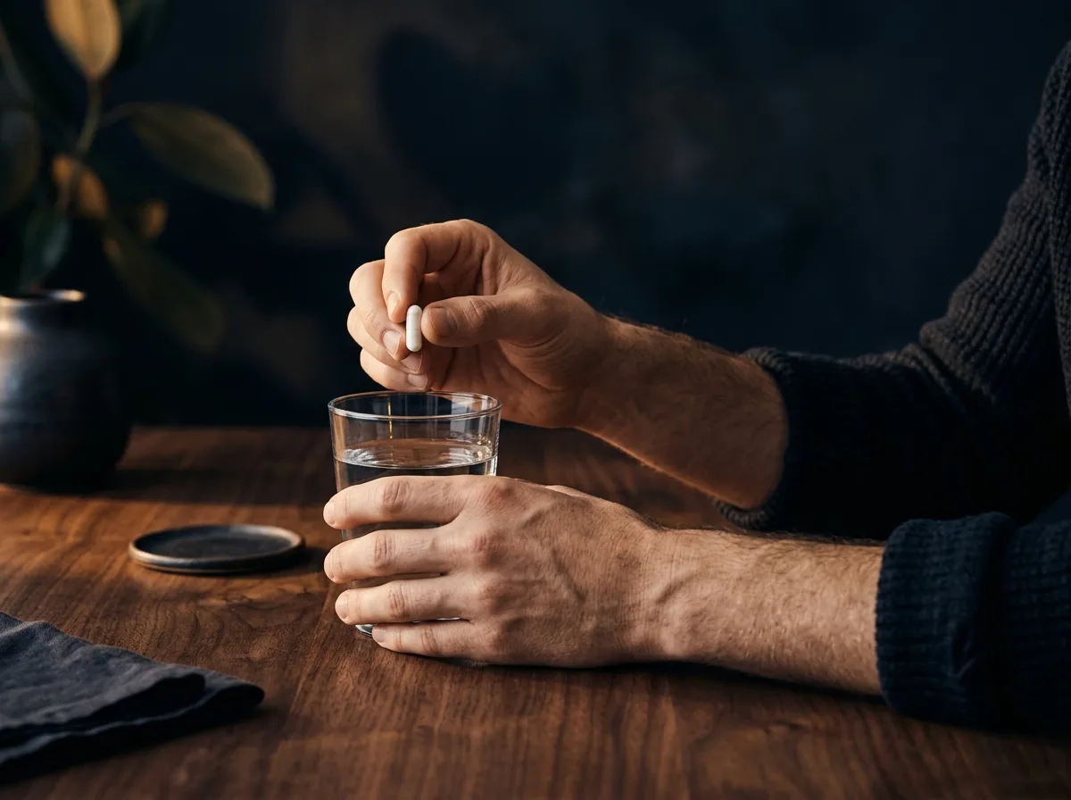 Händer håller ett kapsel med ett glas vatten på ett mörkt träbord